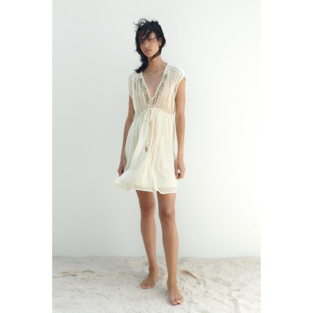Zara Beaded Mini Beach Cover Up Swimsuit Dress Cream White Sheer